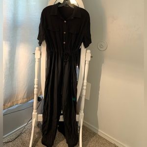 Black Drawstring Short Sleeve Jumpsuit